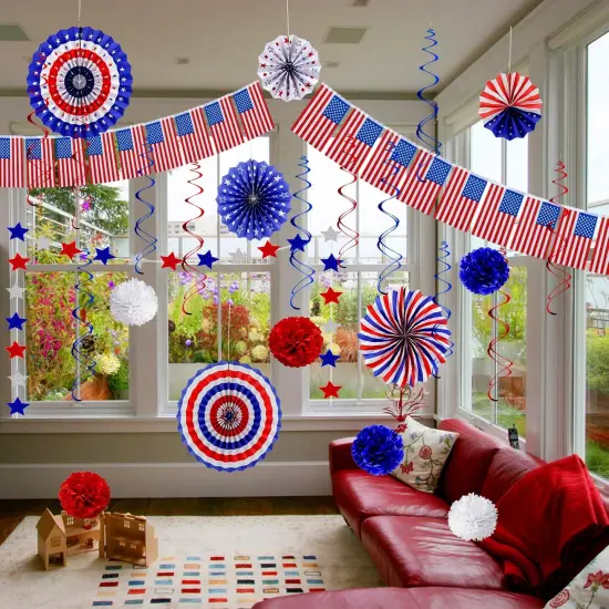 26Pcs 4th of July Decorations Patriotic Decor USA Flag String Red White Blue Paper {4}