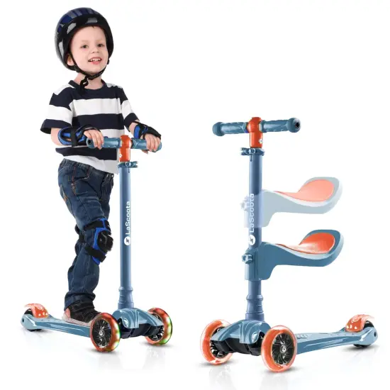 LaScoota 2-in-1 Kids Kick Scooter, Adjustable Height Handlebars and Removable Seat, 3 LED Lighted Wheels and Anti-Slip Deck, for Boys & Girls Aged 3-14 and up to 100 lbs, Sit and Scoot Fun Blue {3}