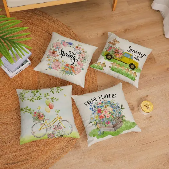 Hello Spring Pillow Covers 18x18 Set of 4 Floral Throw Pillow Covers Spring Summer Decorative Cushion Covers Truck Biycle Flower Pillow Cases for Home Sofa Couch Outdoor Decor (18 by 18) {2}