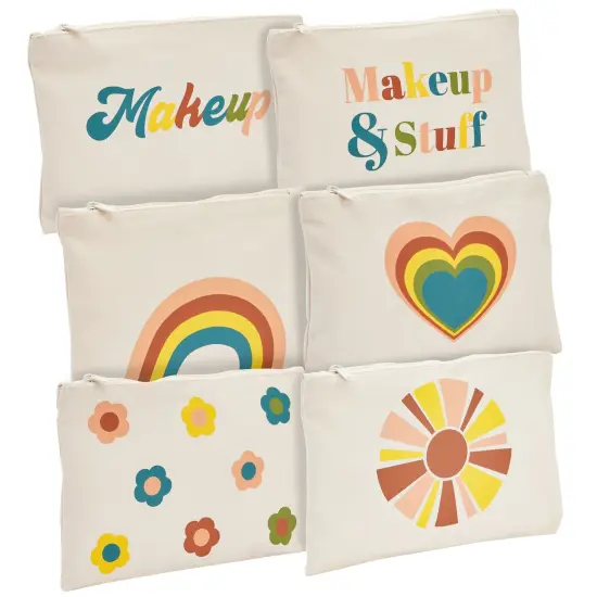 12 Pack Small Canvas Makeup Bags with Zipper for Women, 6 Retro Designs (White, 8 x 6 In) {3}