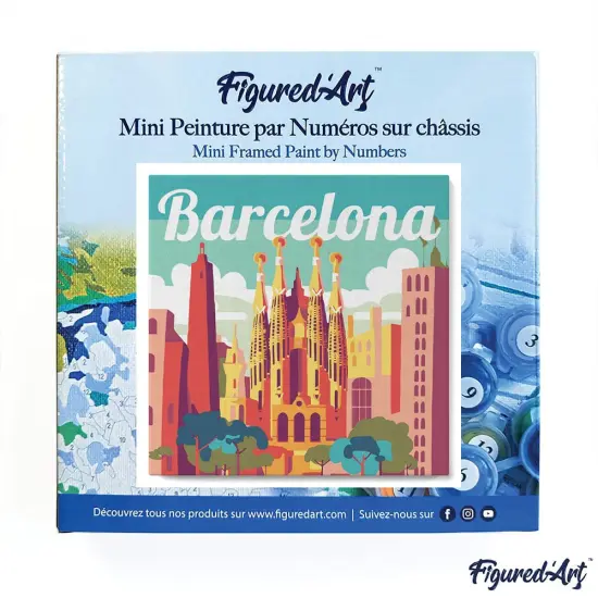Figured'Art Mini Paint by Numbers Kit for Adults with Frame Travel Poster Barcelona Small format 8"x8" - Craft Art Painting DIY Canvas Already Stretched on a Wooden Frame {3}