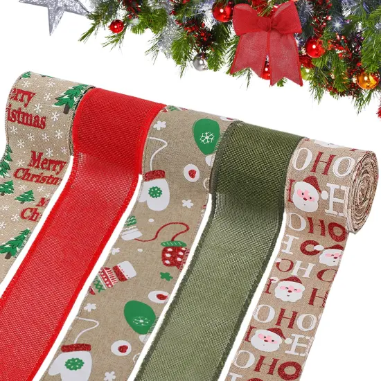 5 Colors Wreaths Burlap Ribbon- Total 27.3yards Christmas Xmas Wired Edge Ribbon for Gift Wrapping Bows Rustic Crafts Supplies Weddings Holiday Decorations - 2.4in Wide {1}