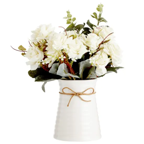 White Roses Flower Vase, Silk Artificial Flowers Arrangement with Ceramic Pot (6.3"D x 6.2"W x 12"H) {1}