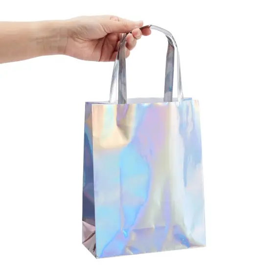 20 Pack Holographic Foil Paper Gift Bags with Handles, Reusable Iridescent Gift Bags for Baby Shower, Birthday, Wedding, Party Favors, Goodies, Boutique (7 x 9 x 3.1 In) Silver {5}