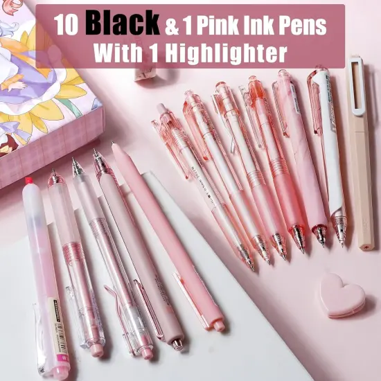 12Pack Pastel Gel Ink Pen Set, Cute Note Taking 0.5mm Fine Point Retractable 11 Pack Black Ink Pens with 1Pack Highlighter for Writing, School, Office (Pink) {2}