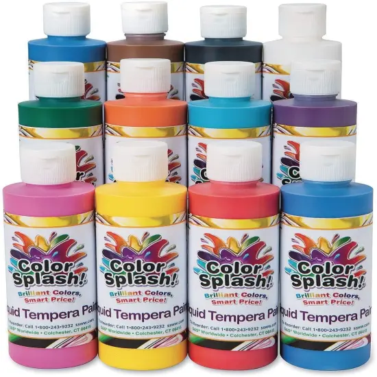 S&S Worldwide Color Splash! Liquid Tempera Bulk Paint, Set of 12 in 11 Bright Colors, 8-oz Flip-Top Bottles, Great for Arts & Crafts, School, Classroom, Poster Paint {1}