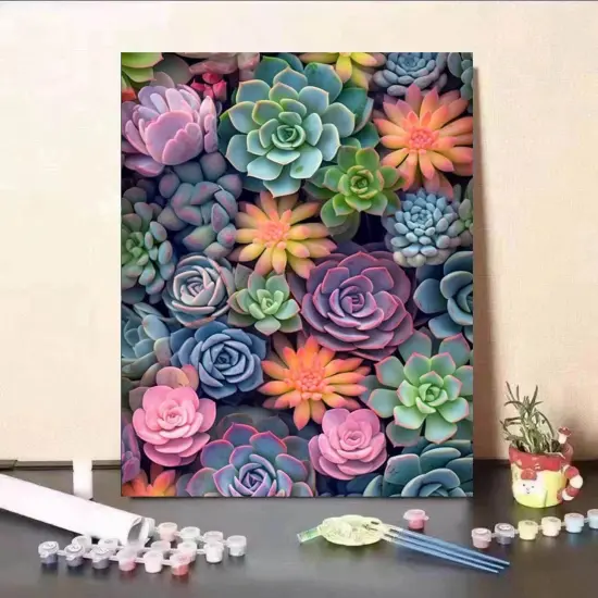 Paint by Numbers Kit for Adults Beginners 8Wx12L inch Canvas Pictures with Framed Drawing Painting Works with Wooden Triangle Easel Acrylic Pigment Succulents {3}