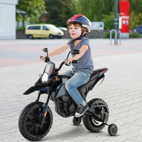 Metal 12V Kids Motorcycle with Dual Motors, Music and Training Wheels Navy {2}