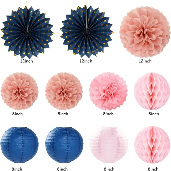 Pink Rose-Gold Navy-Blue Birthday Party-decorations - 21pcs Women Girl Happy Banner Garland, Paper Streamers Lanterns,Flower Tissue Pom Poms Fan Supplies, Princess Wall Backdrop Decor {2}