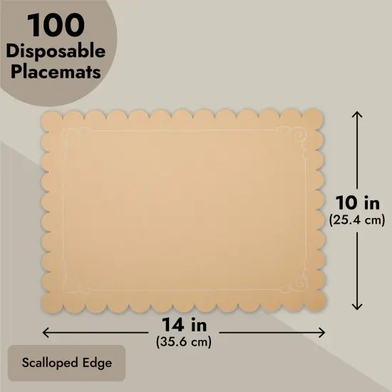 100 Pack Disposable Scalloped Kraft Paper Placemats for Dining Table, Wedding, Party (Brown, 10x14 In) {4}