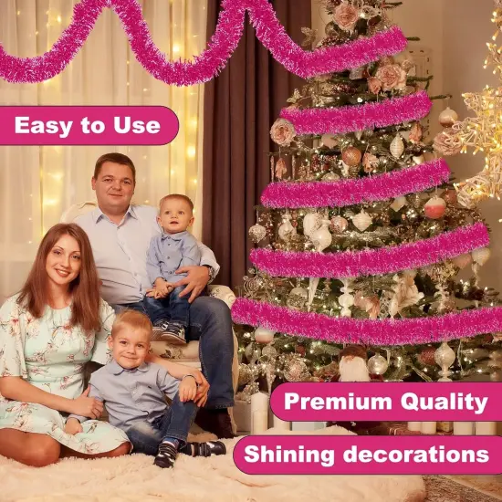 50 Feet Pink Christmas Tinsel Garland, Metallic Foil Twist Banner Wall Hanging Tinsel Streamers Backdrop for Parade Floats, Christmas, Mother's Day, Birthday Party Decorations(2in x 50ft) {3}
