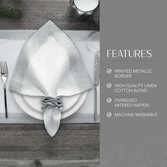 Linen Metallic Brushstroke Napkins, 21 Inches x 21 Inches, Set of 4, White and Silver {3}