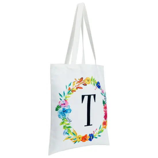 Set of 2 Reusable Monogram Letter T Personalized Canvas Tote Bags for Women, Floral Design (29 Inches) White {6}