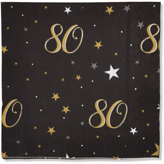 100 Pack Bulk Happy 80th Birthday Napkins for Party Decorations, 2-Ply, Black and Gold (6.5 x 6.5 In) {6}