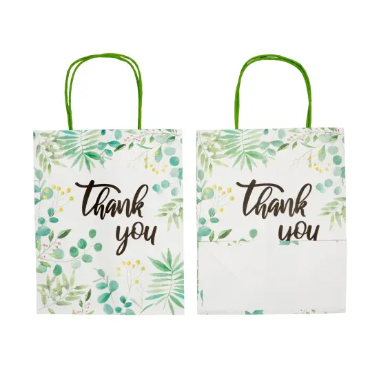 50 Pack Green Leaf Paper Gift Bags with Handles, White Thank You Bag for Small Business Boutique, Baby Shower Party Favors, 10x8x4 in {5}