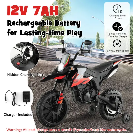 Metal 12V Kids Motorcycle with Dual Motors, Music and Training Wheels Red {5}