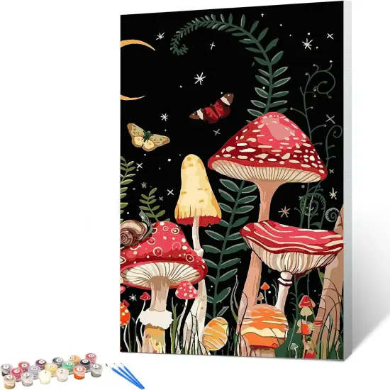 Paint by Numbers for Adults Beginner & Kids Ages 8-12 with Wooden Frame Easy Acrylic on Canvas 9x12 inch with Paints and Brushes, Moon Mushroom Forest Butterfly(Include Framed) {1}