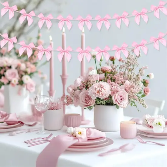 2pcs Pink Bow Garland Banner, Pink Ribbon Bow Party Decorations for Baby Shower Girls Bow Coquette Birthday Party Decor {5}