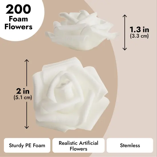 Bright Creations 200 Pack White Flower Heads, 2 Inch Stemless Fake Foam Roses for Wall Decorations, Wedding Receptions, Faux Bouquets, Table Scatter, DIY Crafting Projects {7}