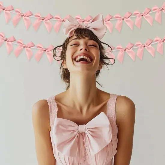 2pcs Bow Garland Banner, Ribbon Bow Party Decorations for Baby Shower Girls Bow Coquette Birthday Party Decor (Peach Pink) {5}