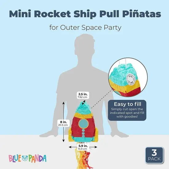 Mini Rocket Ship Pull Pi&ntilde;atas for Outer Space Party (8 x 5.9 x 2.5 In, 3 Pack) Multicolor {2}