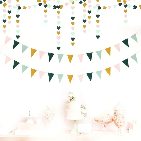 Sage-Green Mint Pink-Gold Love-Heart Garland - 52Ft Rustic Wedding Hanging Decoration Streamers Banner,Mothers Day Bachelorette Bridal Shower Engagement Party Bunting {2}