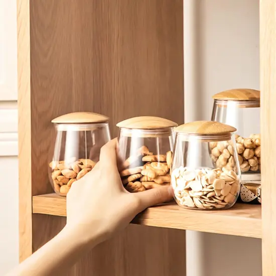 400 ML/13 FL OZ Clear Cute Glass Storage Canister Holder with Airtight Bamboo Lid, Round Modern Decorative Small Container Jar {5}