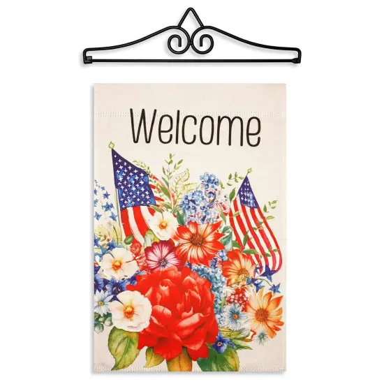 G128 Combo Pack Garden Flag Hanger 14IN & Garden Flag Welcome American Flag Flowers Printed 12x18IN Double Sided Yard Garden Lawn Decoration {1}
