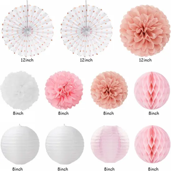 Pink White Rose-Gold Birthday Party-Decorations - 21pcs Happy Banner, Paper Lanterns,Tissue Pom Poms Flower Fan,Honeycomb Ball,Swirl Streamers Garland Supplies Decor Girls Women {2}