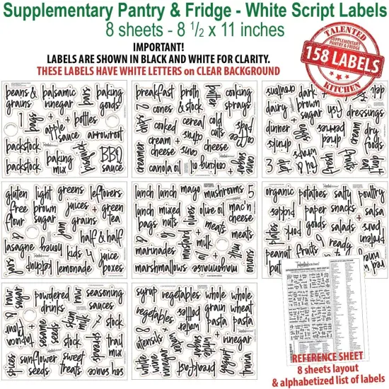 Talented Kitchen 158 Pantry and Refrigerator Labels for Glass Kitchen Containers - Preprinted White Script on Clear Stickers for Fridge, Freezer, Pantry Organization (Water Resistant) {5}