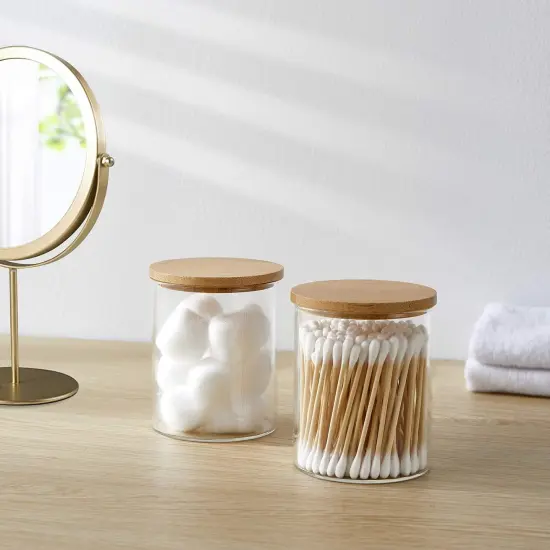 6 Pack Glass Qtip Holder, Apothecary Jars with Lids Bamboo, Bathroom Organizers and Storage for Cotton Ball Round Swab Pad Floss Picks, Bathroom Decor for Vanity Accessories {2}