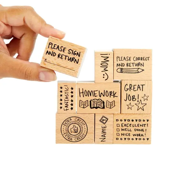 9 Piece Set of Wooden Rubber Teacher Stamps - Classroom Supplies for Grading Homework (Assorted Sizes) Brown {6}