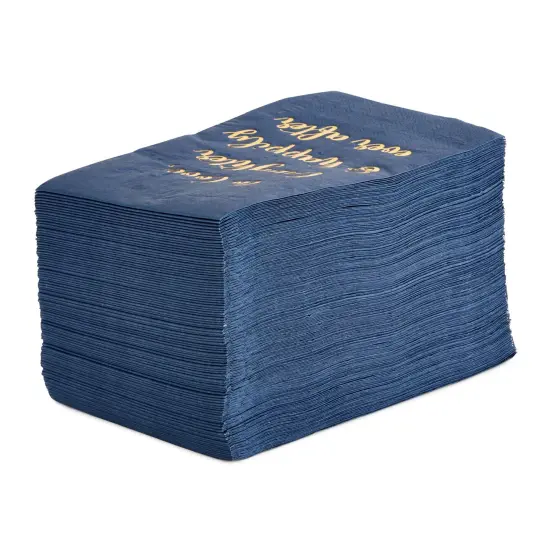 100-Pack Navy Blue Napkins for Wedding Reception with "To Love, Laughter & Happily Ever After" in Gold Script (3-Ply 4x8 in) {6}