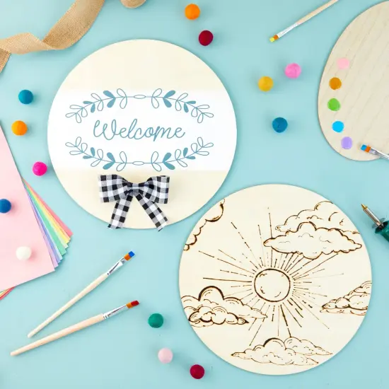 6 Pack Unfinished Wooden Disks with Ribbon and Twine for Crafts, Wood Burning, Engraving (14 Inches) Brown {2}