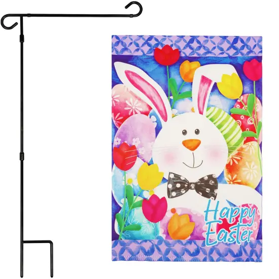 G128 Combo Pack Garden Flag Stand Black 36x16IN & Garden Flag Happy Easter Bunny Tulips Printed 12x18IN Double Sided Yard Garden Lawn Decoration {1}