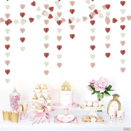 Rose-Gold Pink White 3D-Heart Garland - 39Ft Party Decorations Hanging Paper Streamers Banner,Engagement Wedding Bachelorette Baby Bridal Shower Decor {3}