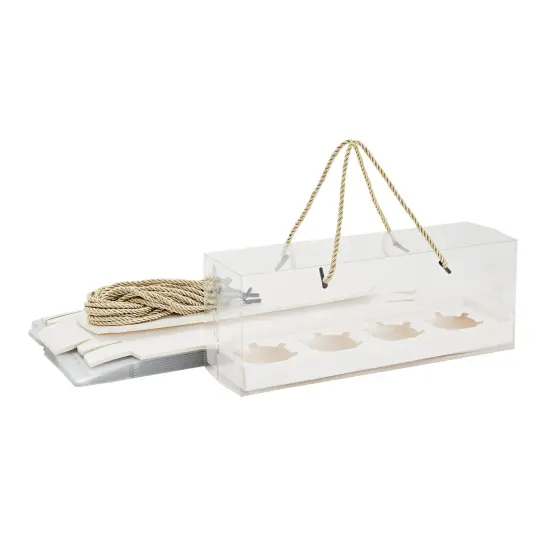 12 Pack Clear Cupcake Boxes with Gold Rope Handle and White Inserts, 4 Compartments (12.7 x 4.7 x 3.6 In) {7}