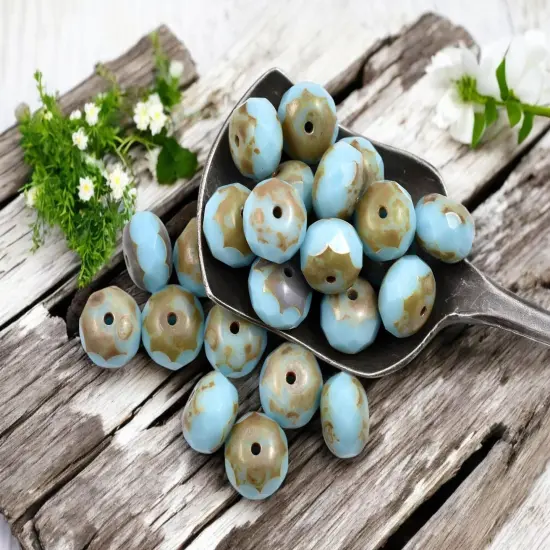 *25* 6x8mm Opaque Robins Egg Picasso Fire Polished Rondelle Beads {2}