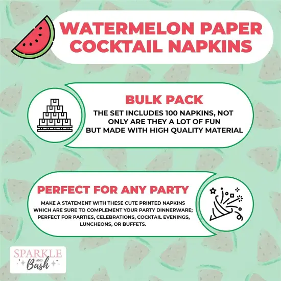 100-Pack Fruit Cocktail Napkins, Summer Party Decorations (Watermelon Design, 5x5 in) {3}