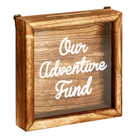 Our Adventure Fund, Vacation Shadow Box for Weddings, Honeymoon Savings Piggy Bank for Adults (7 x 7 Inches) Brown {1}