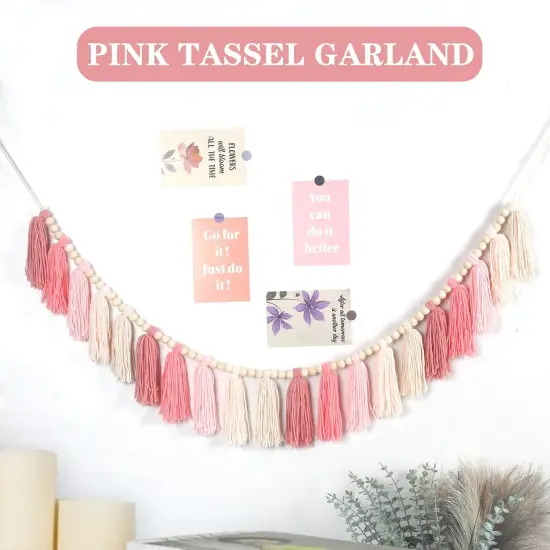 Pink Yarn Tassel Garland Boho Preppy Wall Hanging Decor Bunting Banner Tassels with Wood Bead for Nursery Classroom Office Birthday Party Baby Shower Kids Girls Dorm Bedroom Decorations {2}