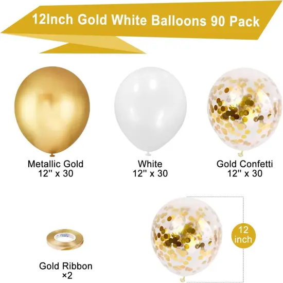 Gold and White Balloons Set, 90Pcs Gold Balloons 12 Inch White and Glod confetti Latex Balloons {4}