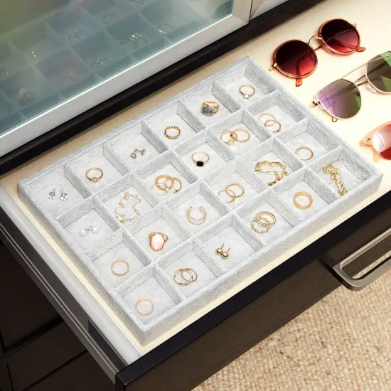 Velvet Jewelry Organizer Tray for Earrings, Stackable 24 Grid Storage for Rings (Gray, 14x10 in) Grey {5}