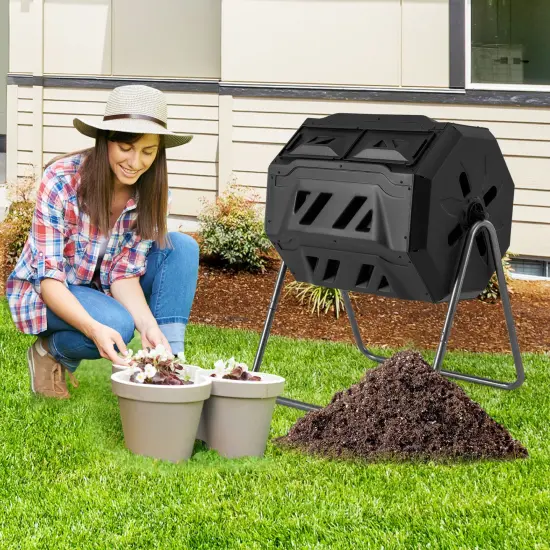 Dual-Chamber Compost Bin with Sliding Doors and Rotatable Design 42 Gallon Black {6}