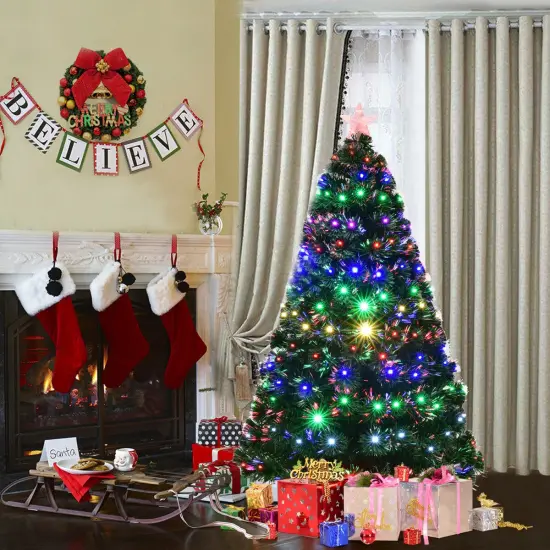 Costway 5'/6'/7'Pre-Lit Fiber Optic Christmas Tree Multicolor Lights {7}