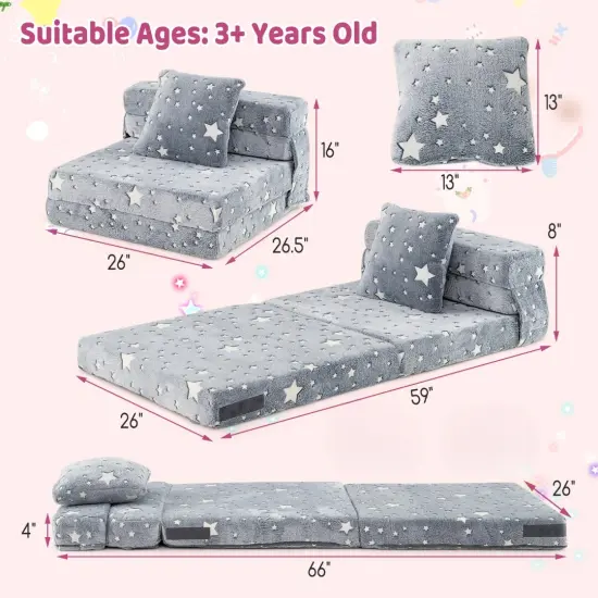 Flannel Fabric Kids Sofa Bed with Glow-in-the-Dark Design and Pillow Grey {3}