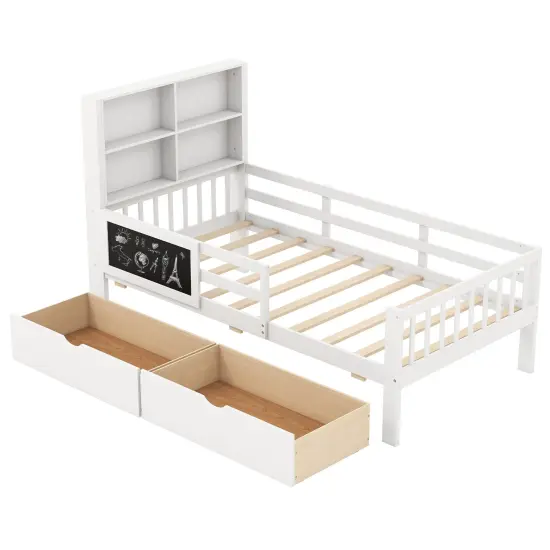 White Pine Wood MDF Bed Frame with Storage, Blackboard and Guardrails {1}