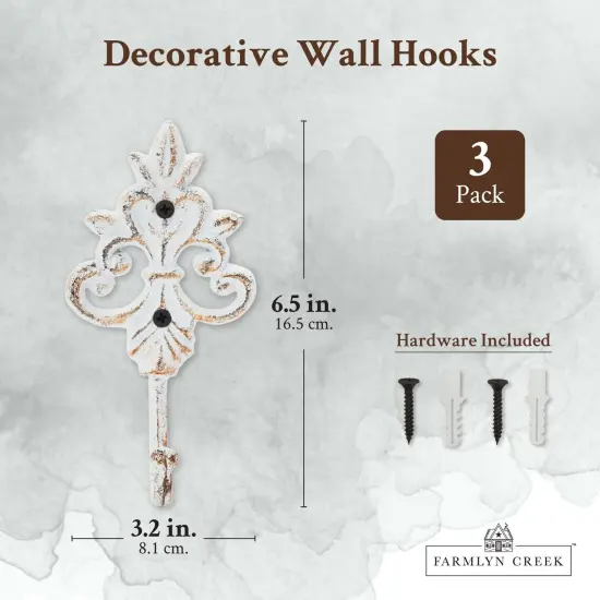 Set of 3 Cast Iron Wall Hooks, French Country Farmhouse Design, Includes Screws and Anchors (6.5 In, White) {4}