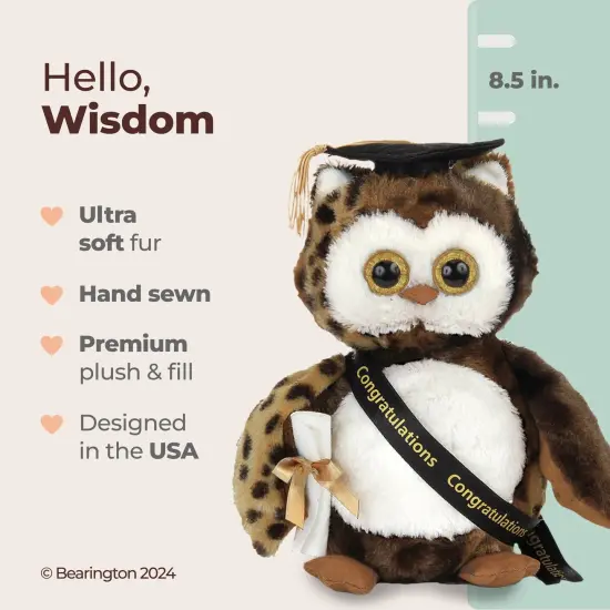Bearington Wisdom Class of 2025 Graduation Plush Owl Stuffed Animal, Black Cap with Diploma & Sash, 8.5 Inch, For Ages 3-14 {2}
