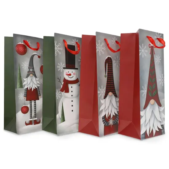 Bright Creations 12 Pack Christmas Wine Gift Bags with Tissue Paper Wrapping, 4 Gnomes Snowmen Designs for Home Party Holiday Supplies, Fun and Festive Xmas Packaging (5 x 13.6 x 4 in) Gray {7}